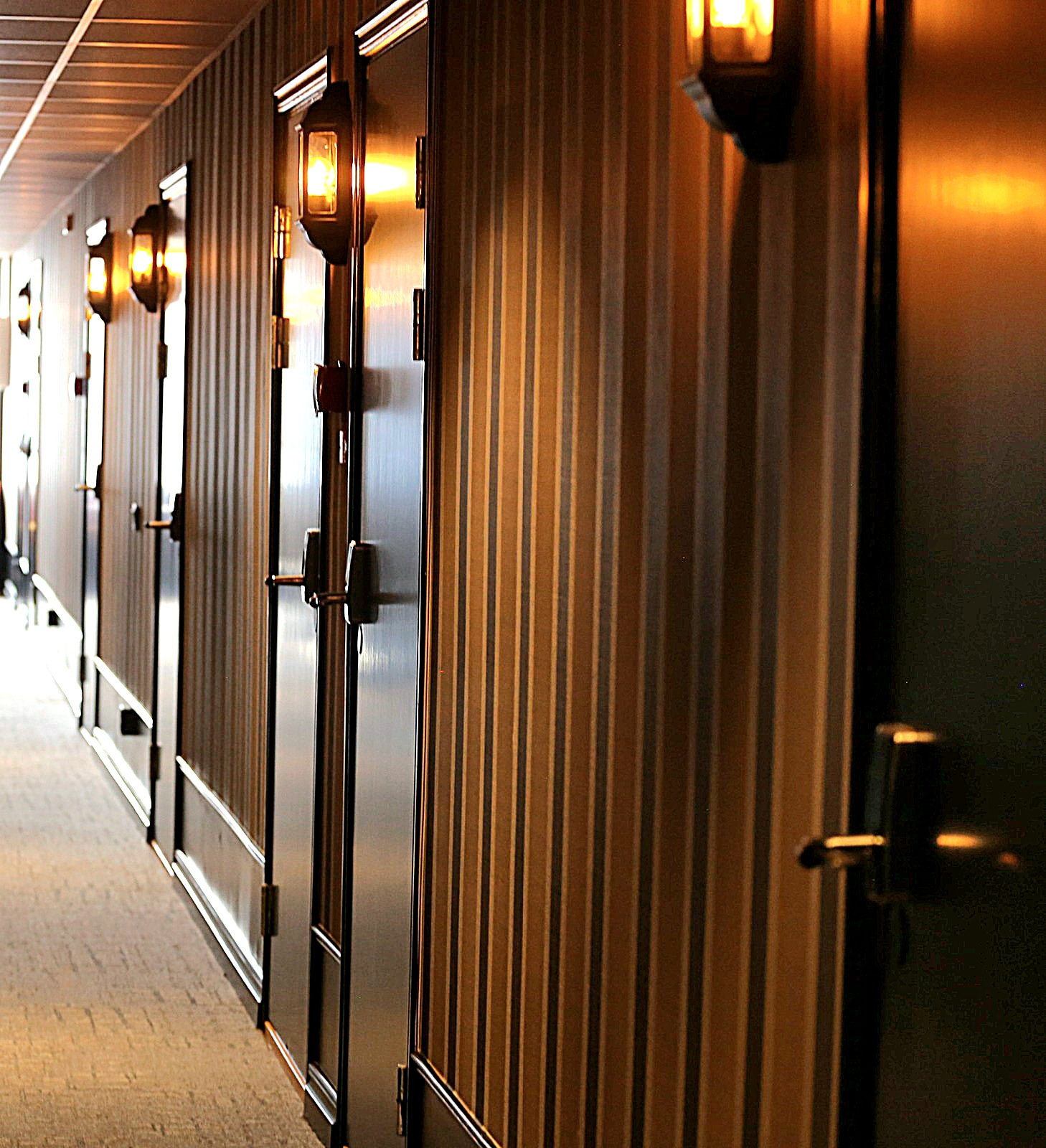 Elegant hotellkorridor med vintage belysning